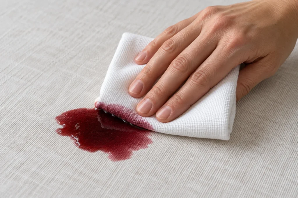Una mano tampona una macchia fresca di vino sulla tovaglia con un panno bianco, senza trascinarlo.