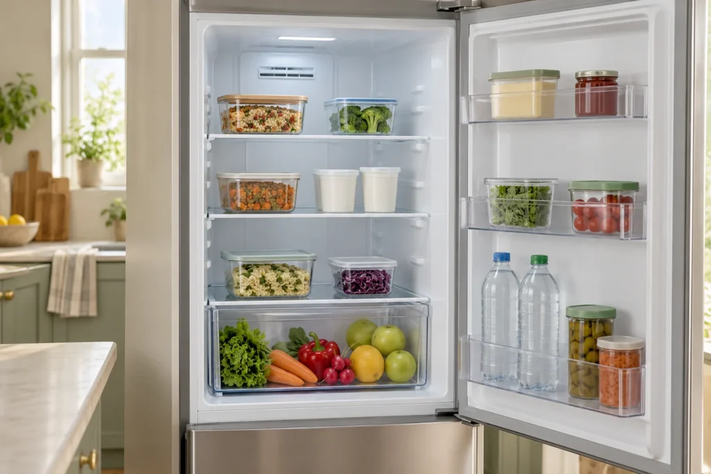 Un frigorifero ordinato con contenitori alimentari chiusi, poche confezioni e aperture interne libere.