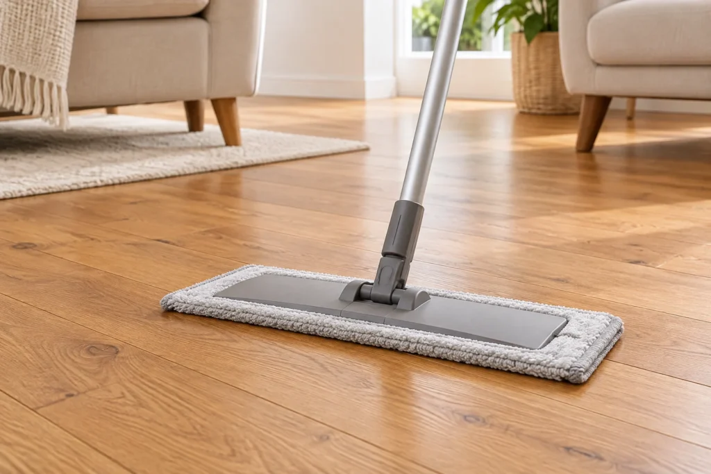 Un panno in microfibra ben strizzato passa sul parquet senza lasciare pozze o schiuma.