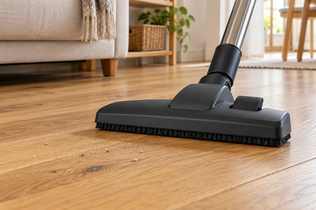 Una spazzola morbida per pavimenti in legno rimuove piccoli residui dal parquet.