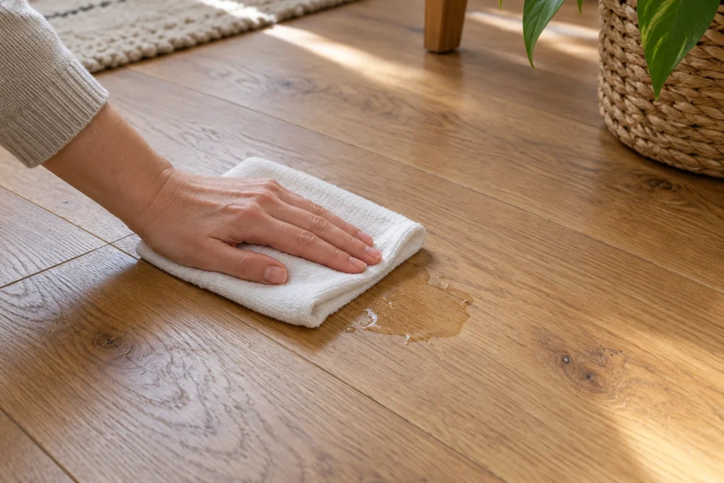 Un panno assorbente raccoglie un piccolo versamento d’acqua sul parquet.