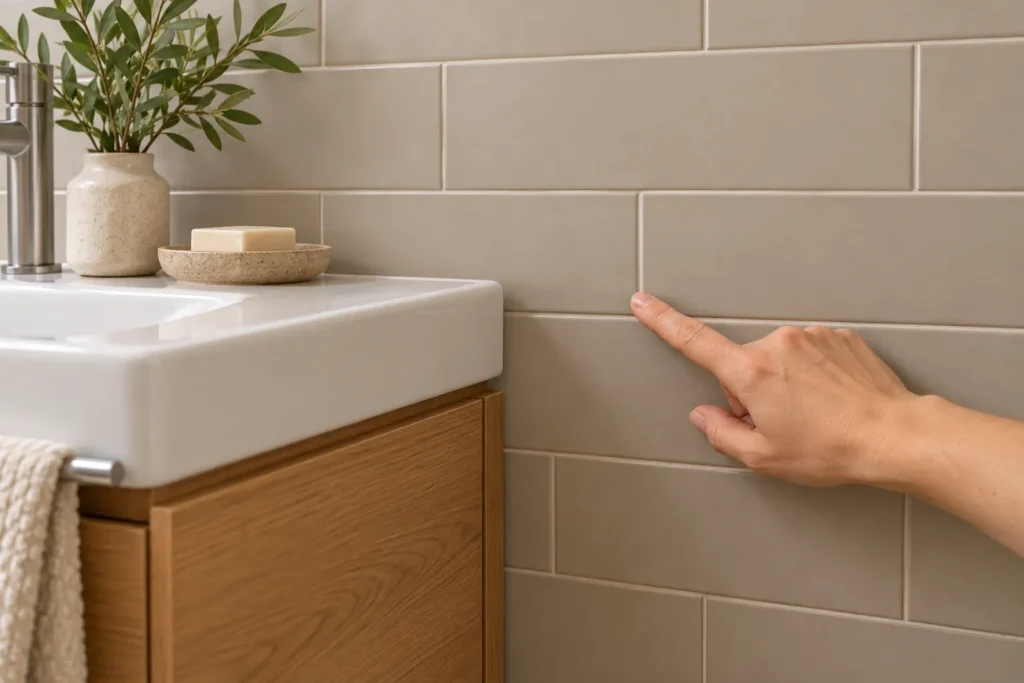 Dettaglio delle piastrelle e delle fughe osservate accanto al lavabo
