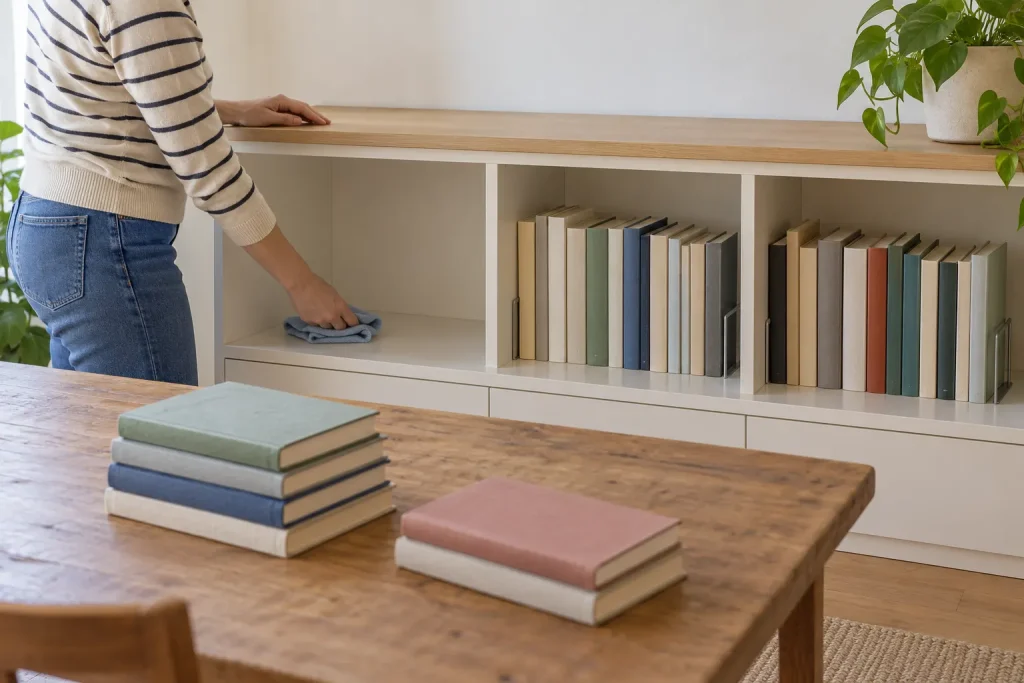 Un vano della libreria libero e pochi libri appoggiati su un tavolo stabile