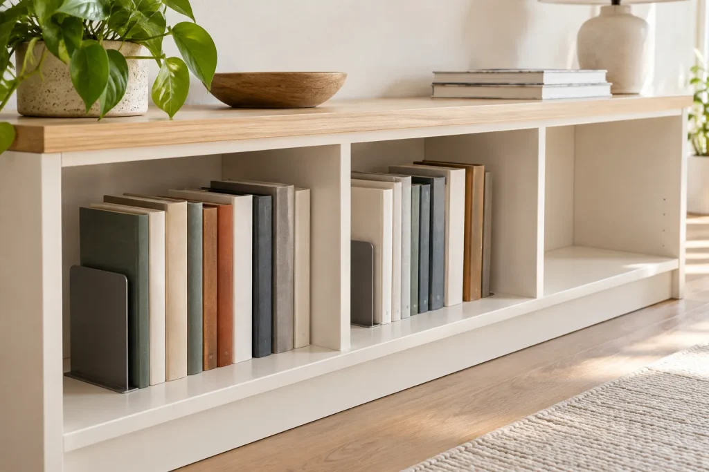 Libri in verticale sostenuti da fermalibri, con spazio libero per prenderli