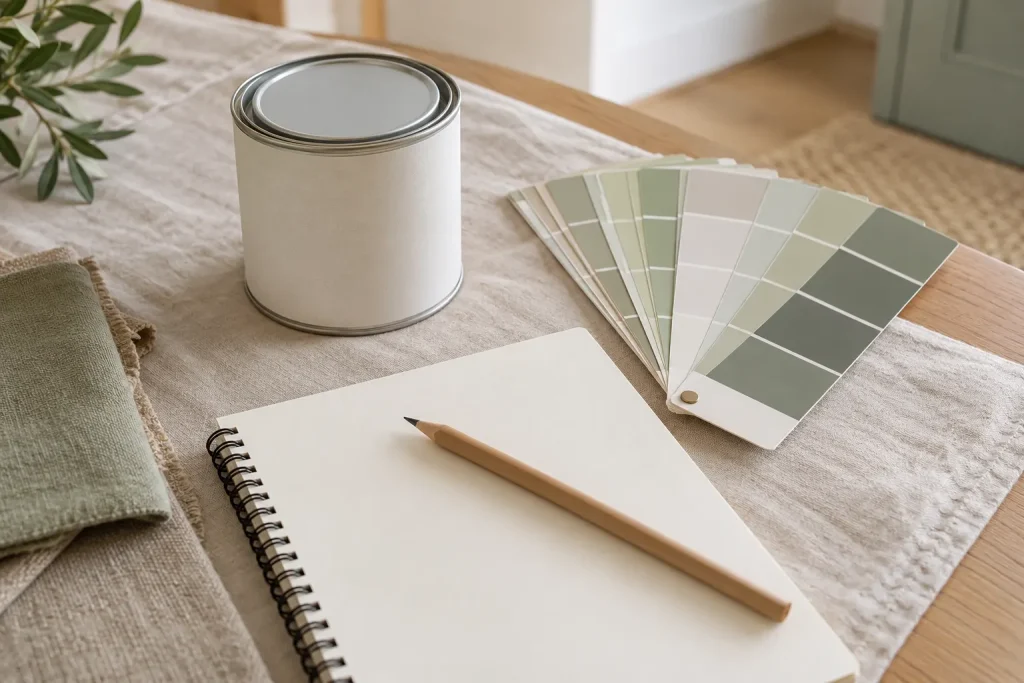 Confezione di pittura chiusa, campioni di colore e appunti da confrontare