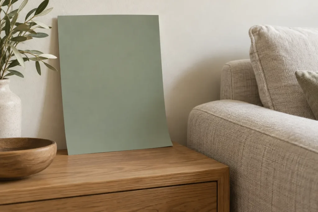 Campione di pittura verde vicino al tessuto del divano e al legno di un mobile
