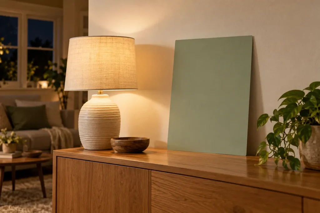 Campione verde accostato alla parete del soggiorno nella luce di una lampada da tavolo