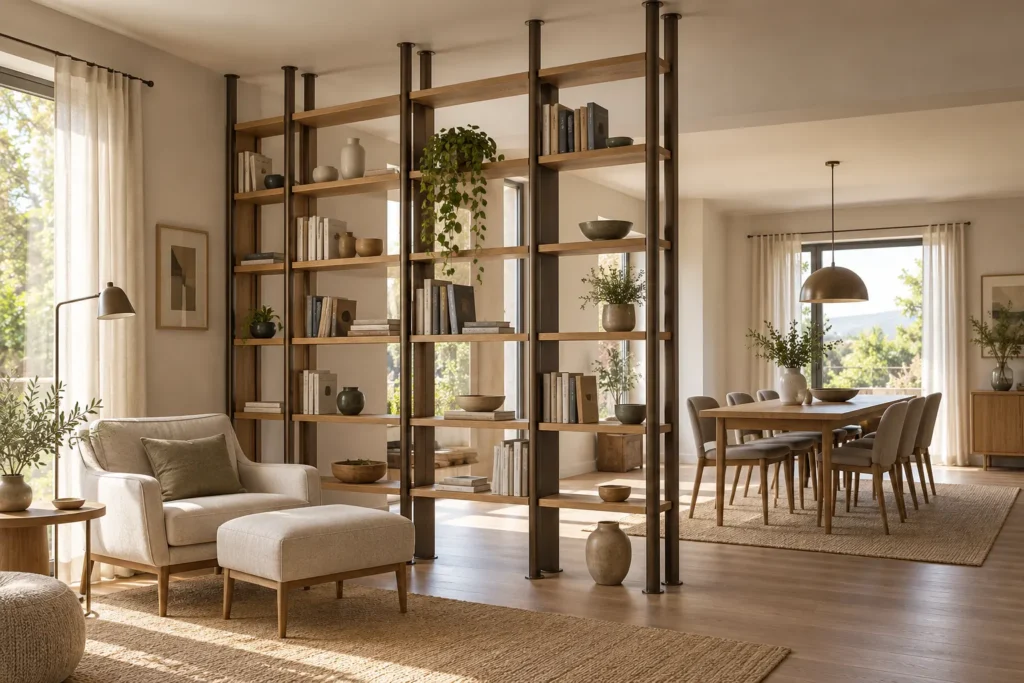 Libreria con montanti tra pavimento e soffitto che separa lettura e pranzo
