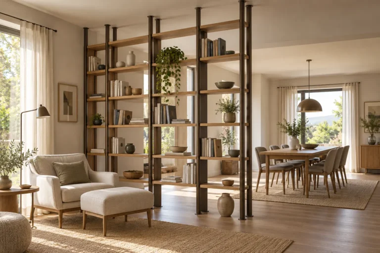 Libreria con montanti tra pavimento e soffitto che separa lettura e pranzo