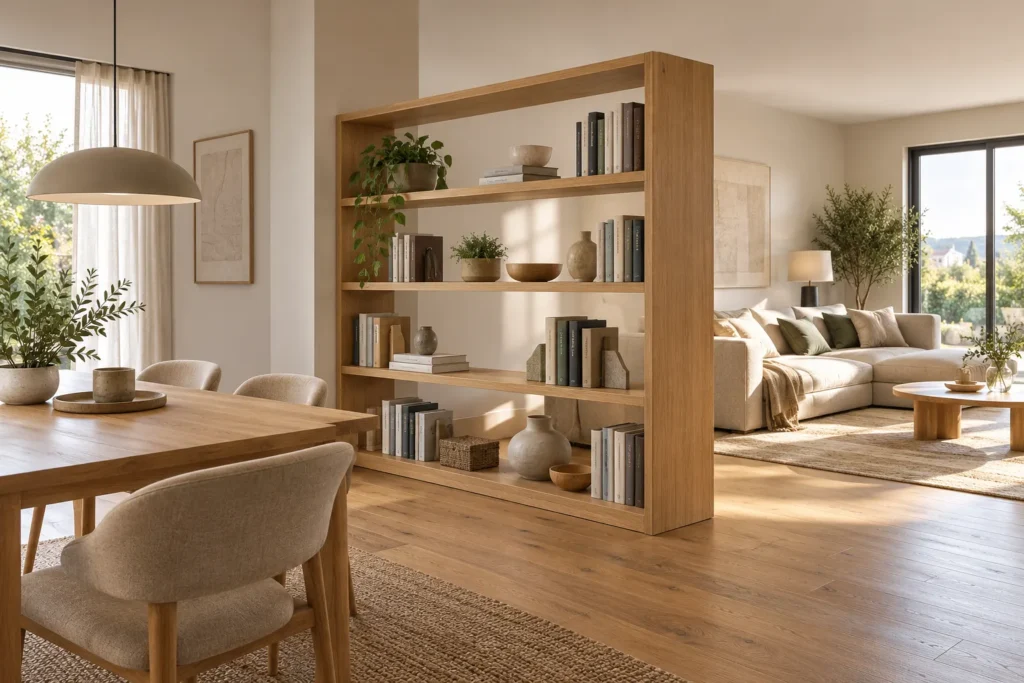 Libreria in legno aperta sui due lati con un passaggio libero accanto