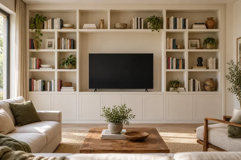 Libreria a griglia color avorio con vani ai lati e sopra un ampio spazio per il televisore
