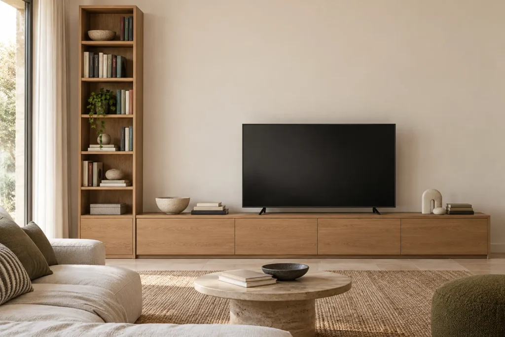 Televisore su una base bassa e libreria verticale sul lato, con parete libera sopra lo schermo