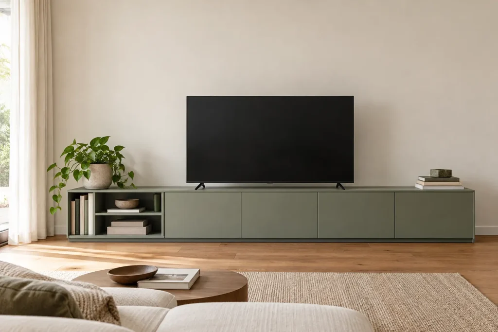 Mobile basso continuo con televisore e vani aperti per i libri, senza elementi alti sulla parete
