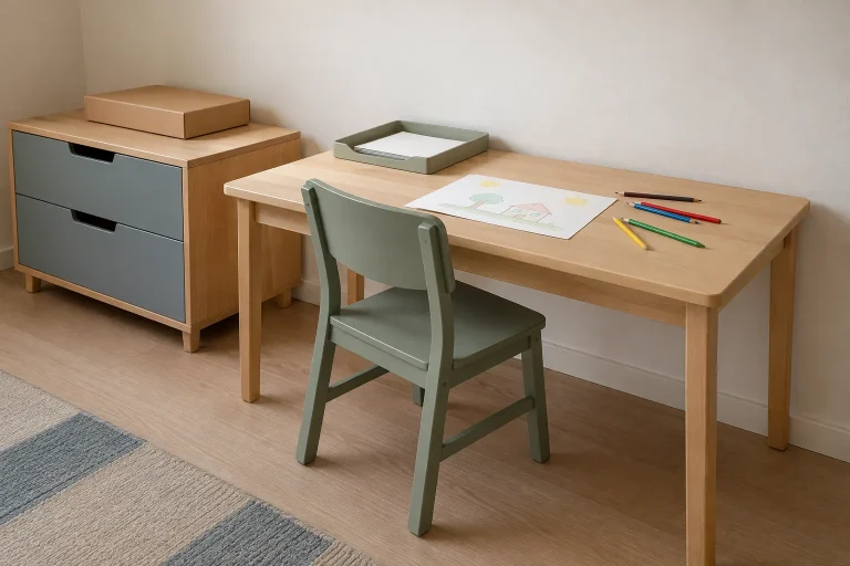 Tavolino dedicato al disegno con una sedia, fogli e materiali selezionati