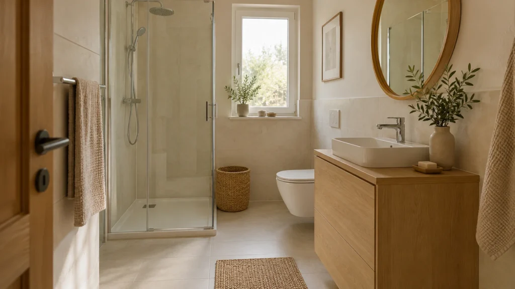 Bagno compatto con mobile lavabo in legno e doccia in vetro