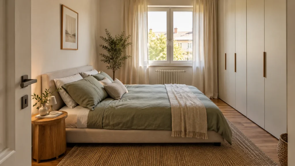 Camera raccolta con letto, armadio chiaro e piccolo comodino