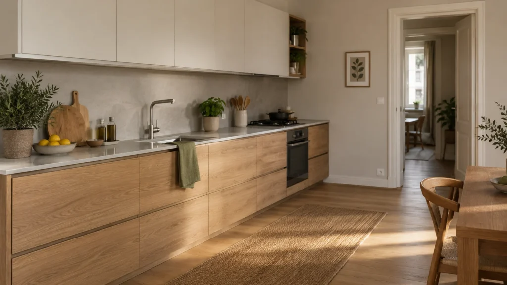 Cucina lineare avorio e legno con piano di lavoro e passaggio libero