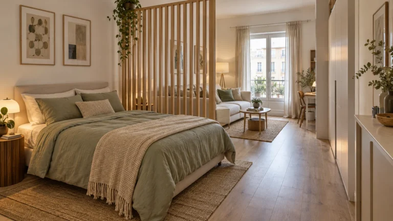 Letto con biancheria salvia separato dal living da listelli in legno