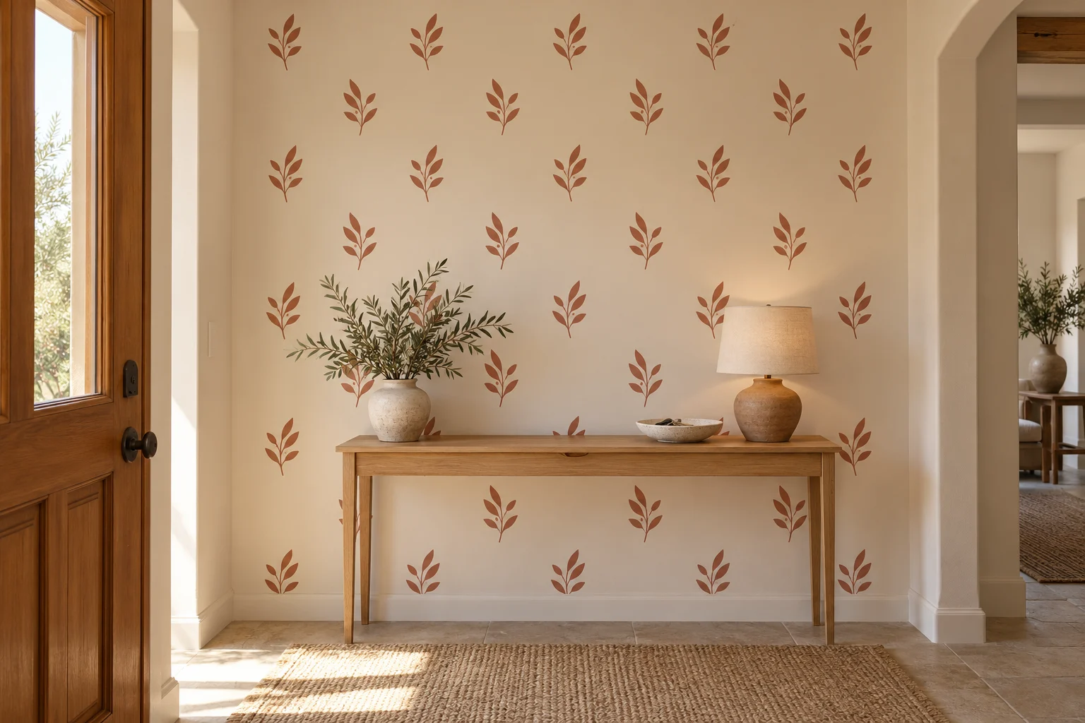 Ingresso chiaro con una decorazione a stencil di piccoli rami color terracotta dietro una consolle
