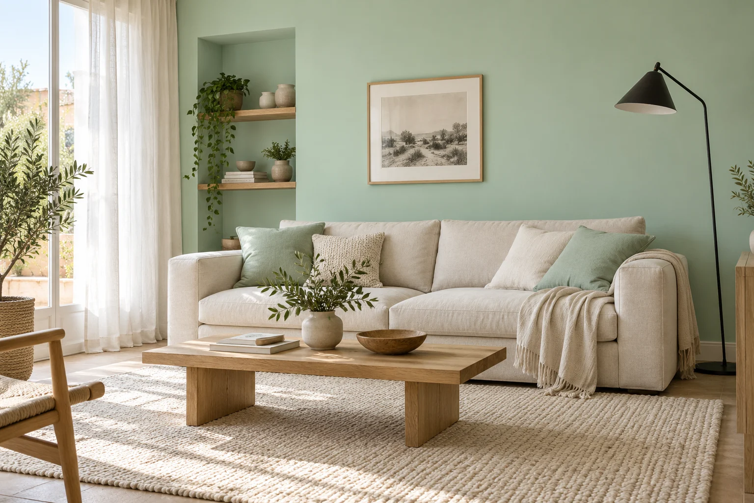 Soggiorno con parete verde menta, divano color crema, tavolino in rovere chiaro e dettagli neri