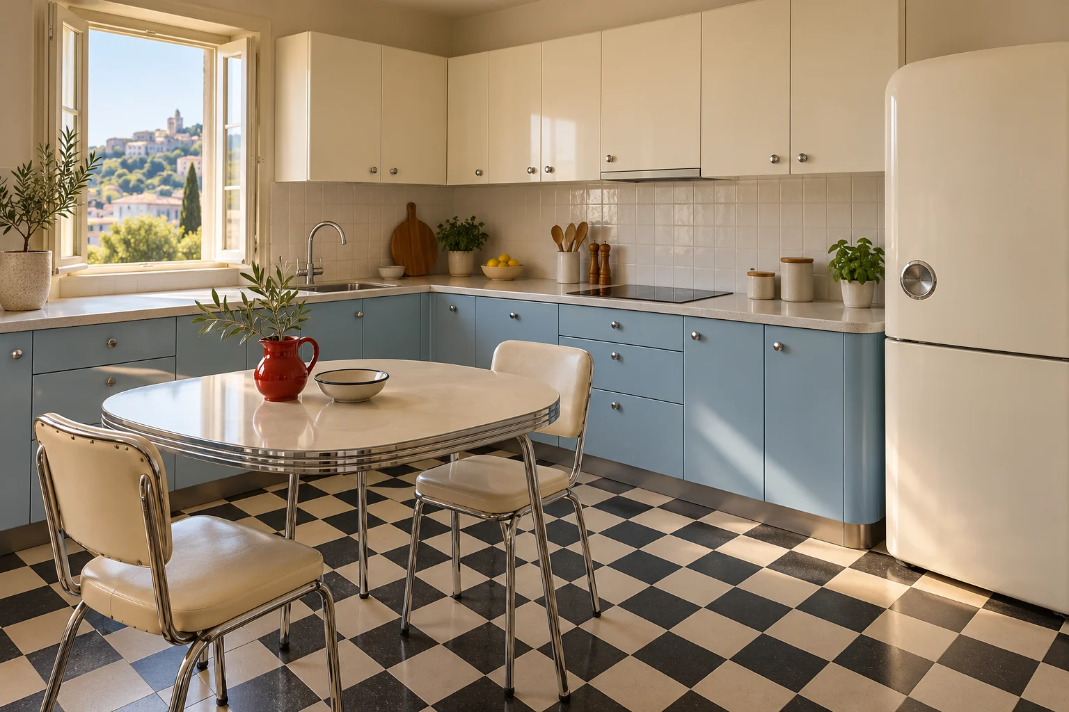 Cucina contemporanea di ispirazione anni Cinquanta con mobili azzurro polvere e panna, tavolo ovale e dettagli cromati