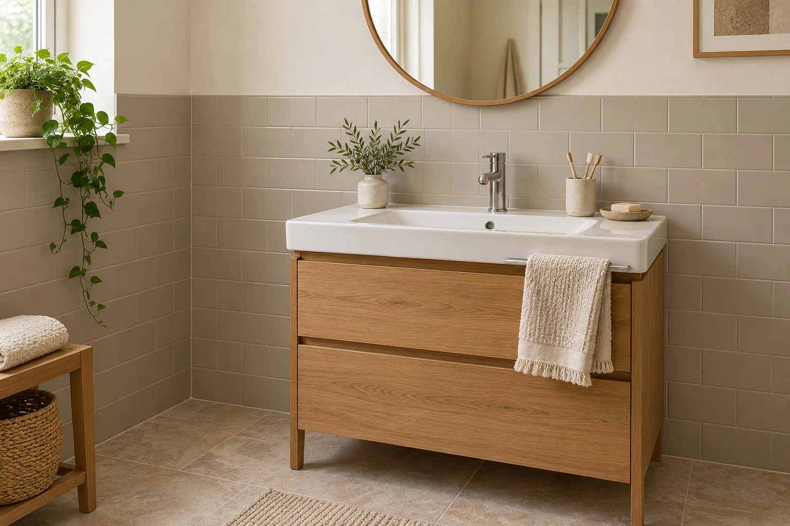 Zona lavabo con piastrelle murali color greige satinato, fughe ancora visibili e mobile in legno