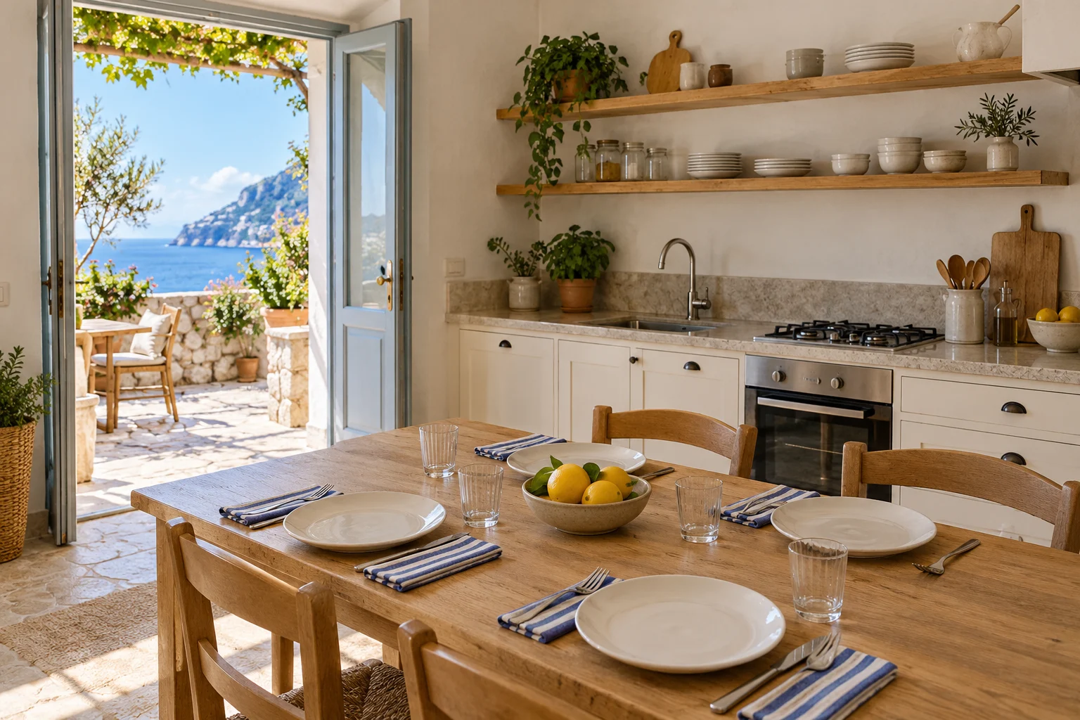 Cucina di una casa al mare con tavolo in legno apparecchiato per quattro, piatti bianchi e tovaglioli a righe blu