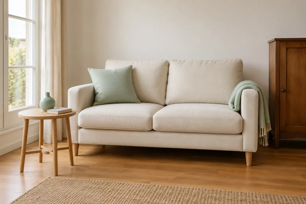 Un cuscino, un plaid e una piccola ceramica verde menta introducono il colore senza dipingere le pareti.