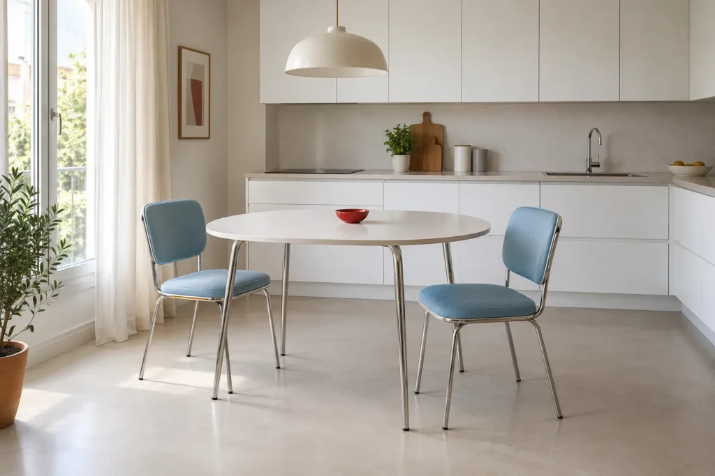 Sedie azzurro polvere, un tavolo dal bordo morbido e tessili semplici introducono dettagli rétro in una cucina bianca.