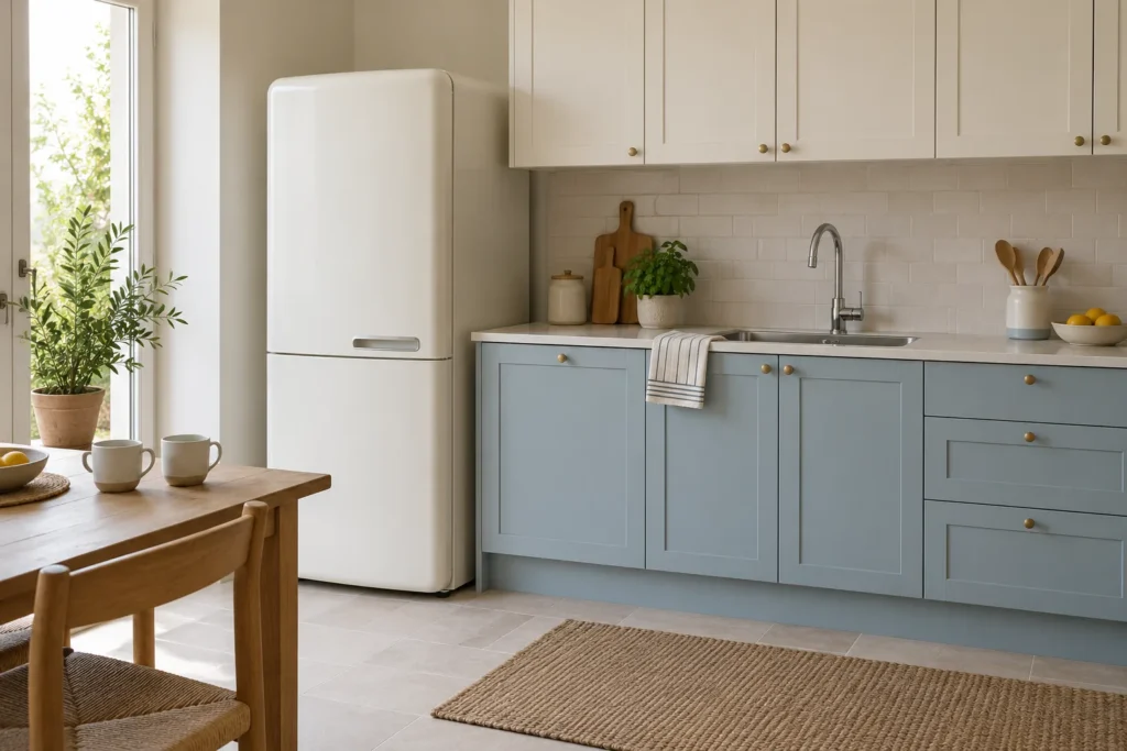 Un frigorifero contemporaneo dalle linee morbide si inserisce in una cucina rétro con superfici di lavoro disponibili.