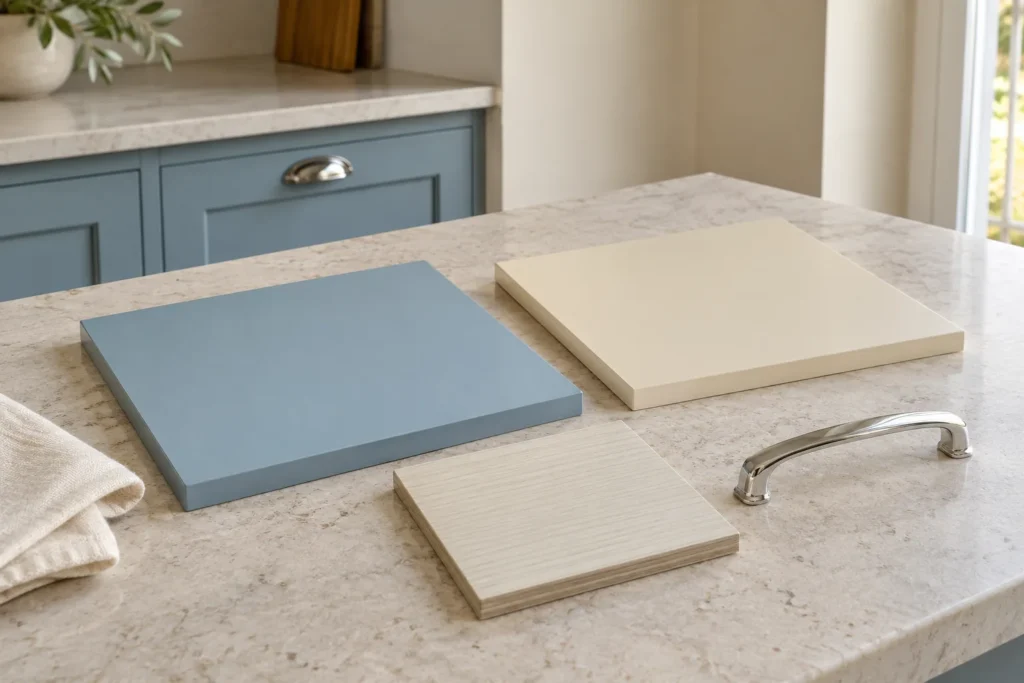 Campioni azzurro polvere e panna, laminato chiaro e una maniglia cromata aiutano a confrontare le finiture della cucina.