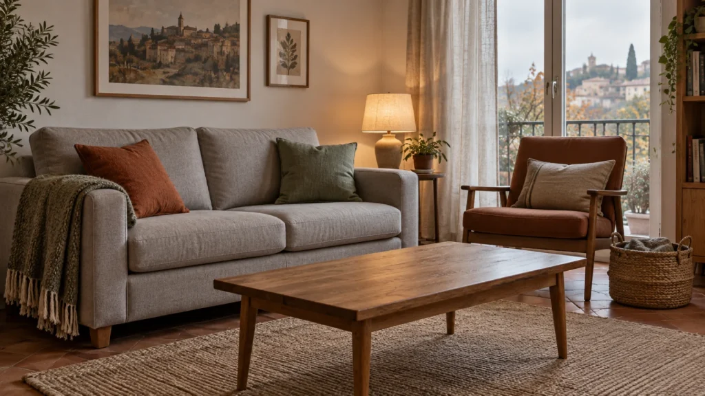 Soggiorno con due cuscini salvia e ruggine, plaid sul bracciolo e angolo lettura