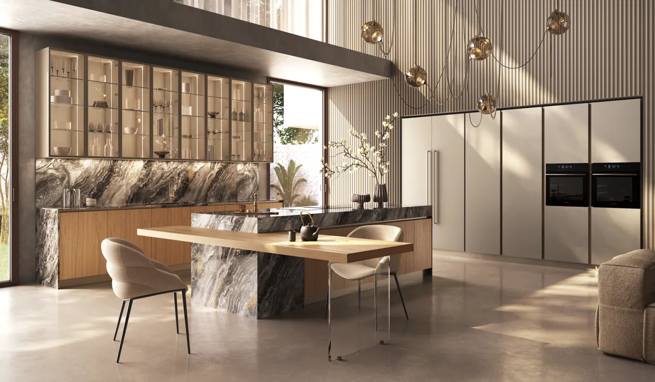 Ambientazione ARAN Volare con basi in rovere, isola e piano snack