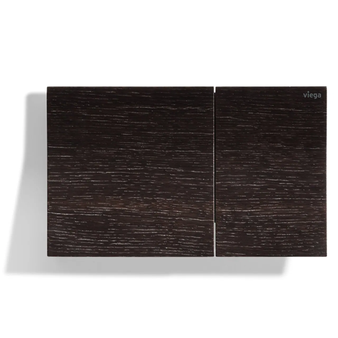 Placca Viega Visign for More 200 nella versione in legno, con venature continue sui due comandi