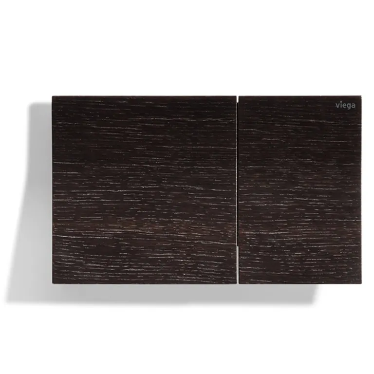 Placca Viega Visign for More 200 nella versione in legno, con venature continue sui due comandi