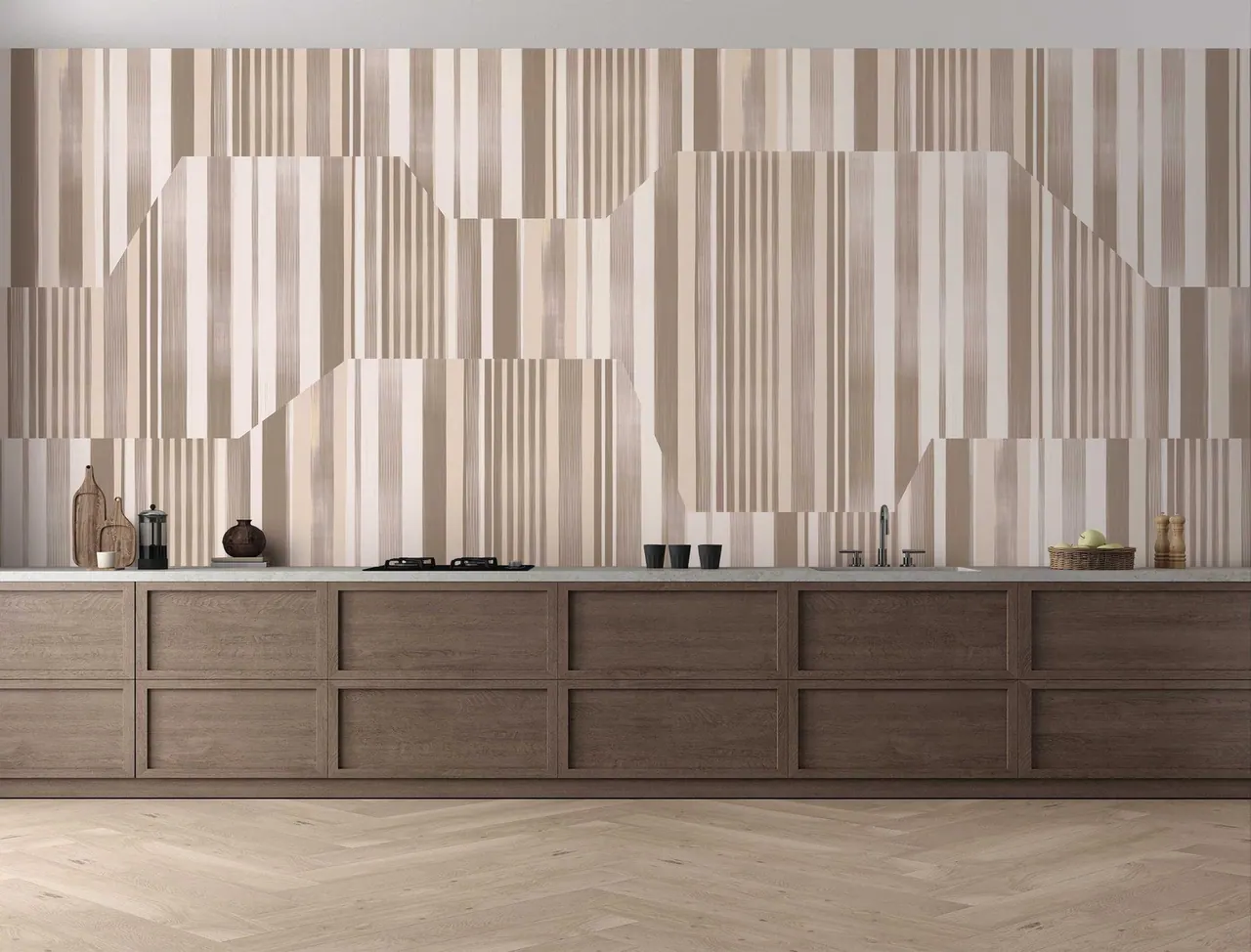 Ambientazione Wall/Pepper con cucina in legno e grafica geometrica nei toni beige e marrone