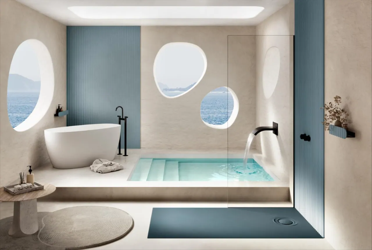 Ambientazione Acquabella con piatto doccia Acqua Zero blu, pareti a rilievo e una zona wellness