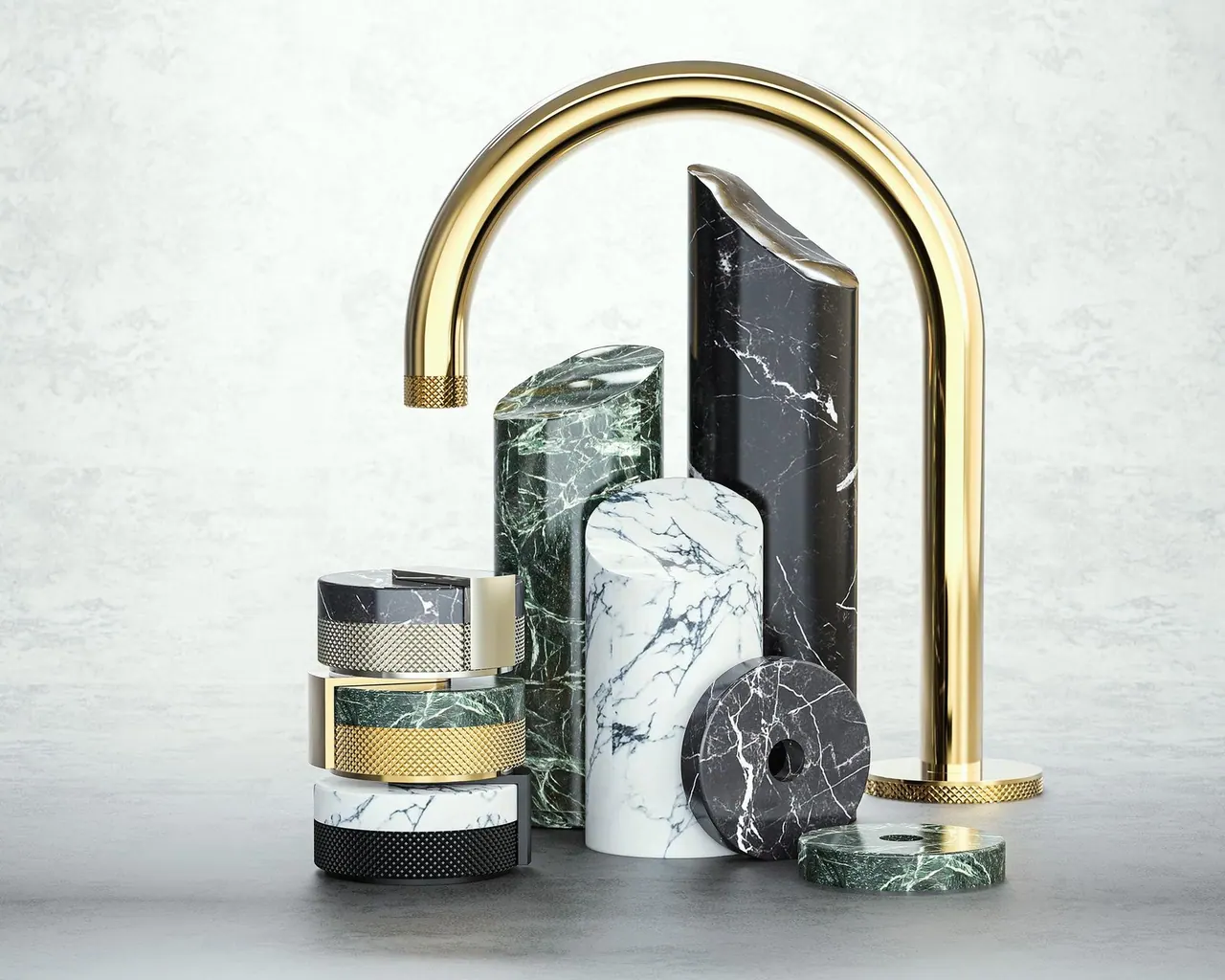 Composizione GRAFF MOD+ con inserti in marmo verde, bianco e nero e finiture metalliche