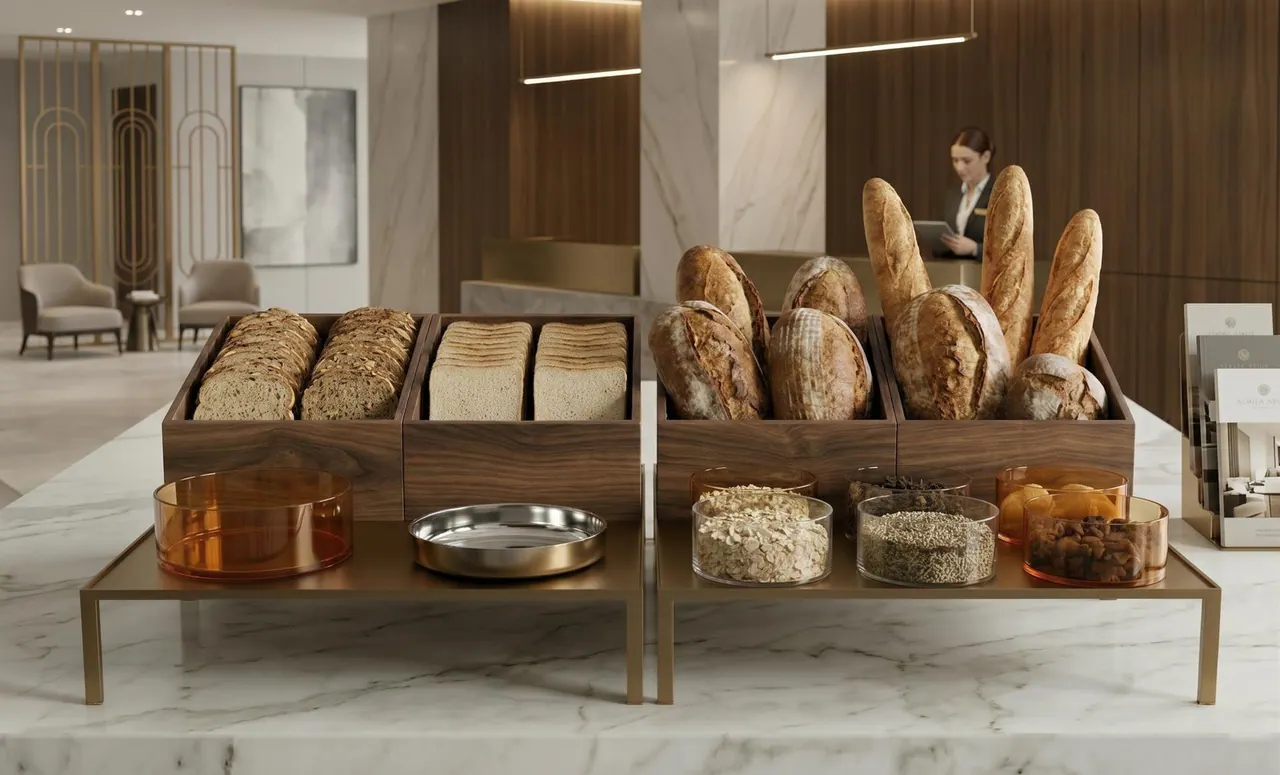 Un allestimento buffet SchönhuberFranchi con contenitori e alzate