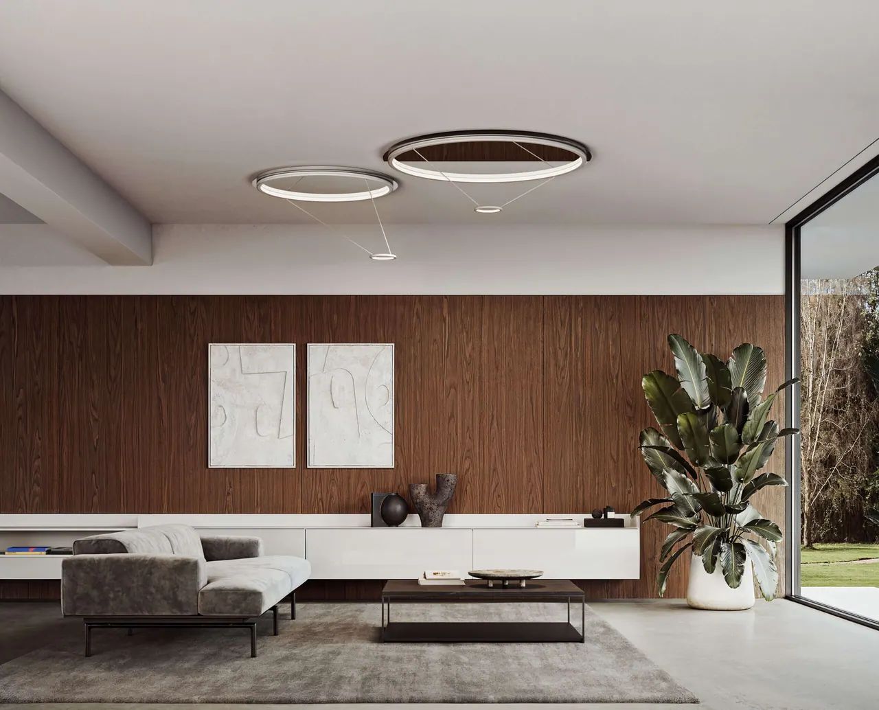 Lampade da soffitto LOOP di ITALAMP in un soggiorno contemporaneo