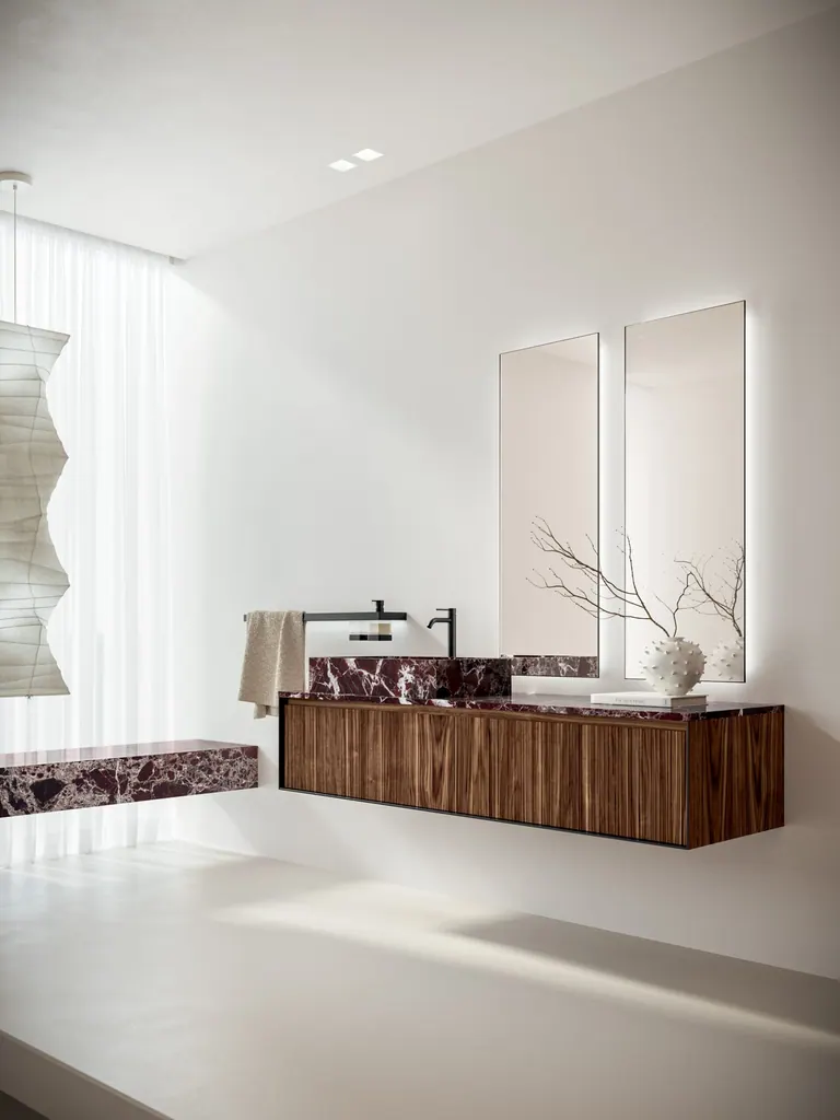 Mobile bagno INDA in legno con lavabo dalle venature rosse
