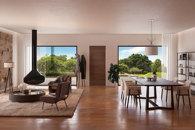 Porta Sleek Out in un ambiente aperto con vista sul verde