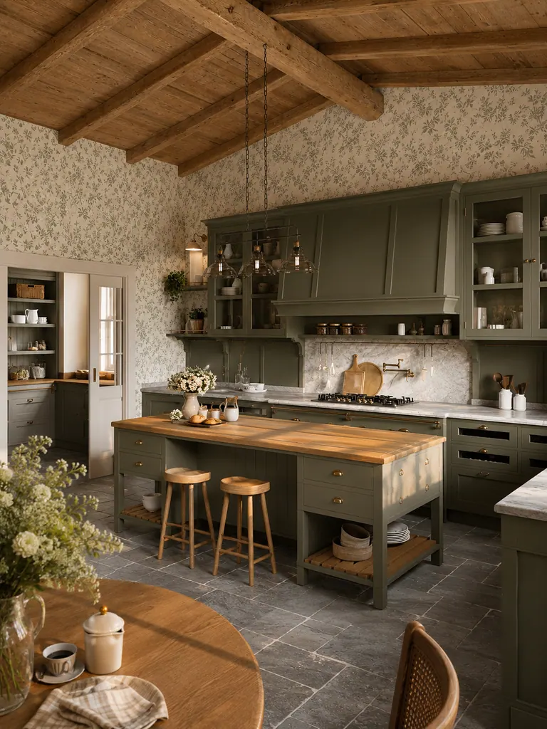Adalise Olive Green con isola in legno, vetrine e dettagli color ottone