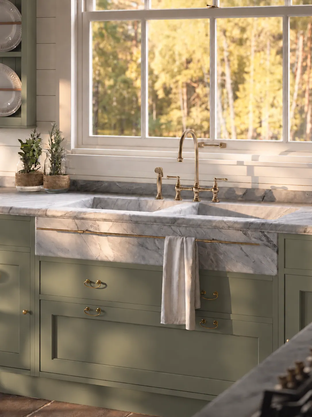 Zona lavaggio Adalise Olive Green con lavello e piano dall’aspetto marmoreo