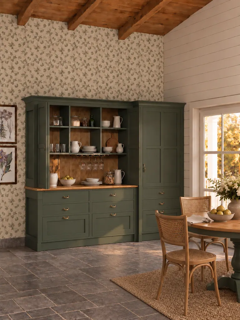 Credenza Adalise verde oliva con ripiani in legno e stoviglie a vista