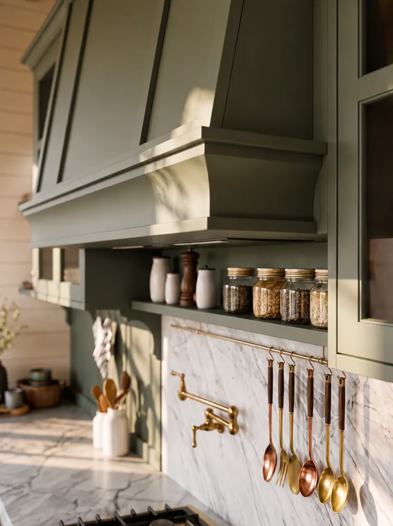 Dettaglio della cappa e dei pensili Adalise Olive Green