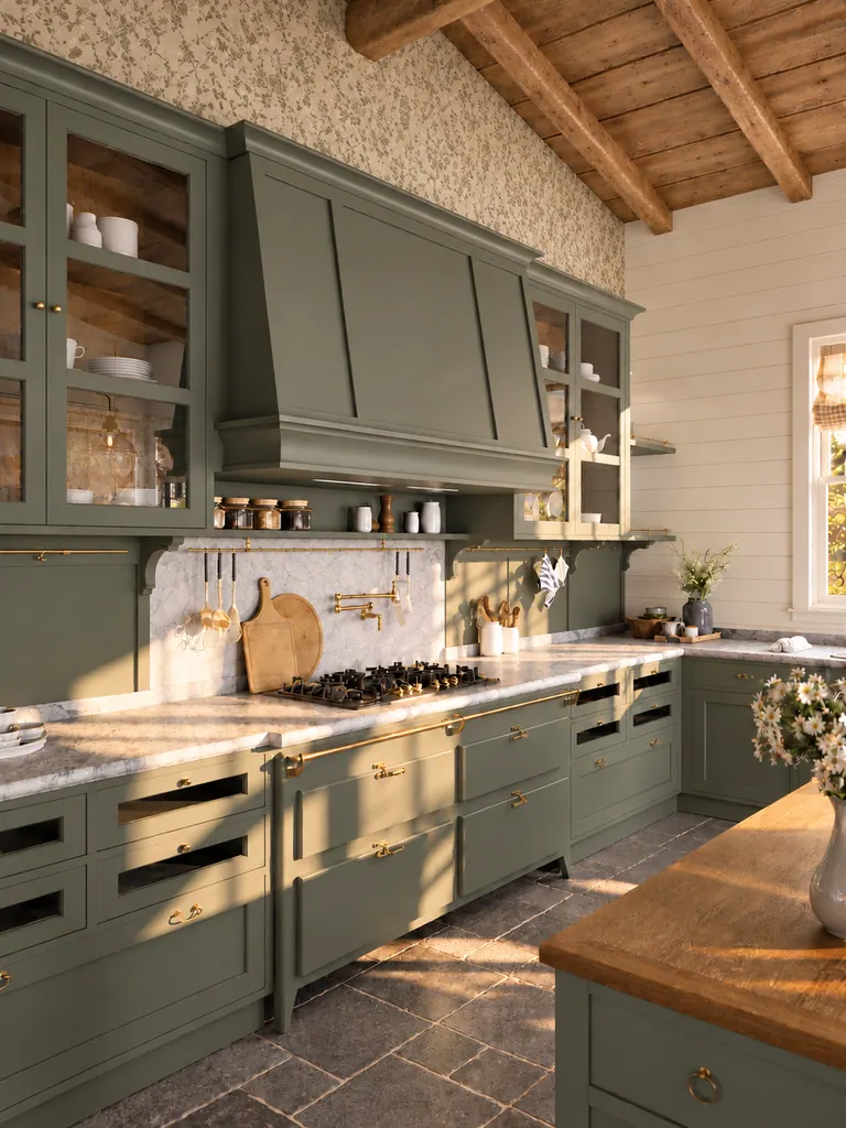 La zona cottura Adalise Olive Green accanto all’isola in legno