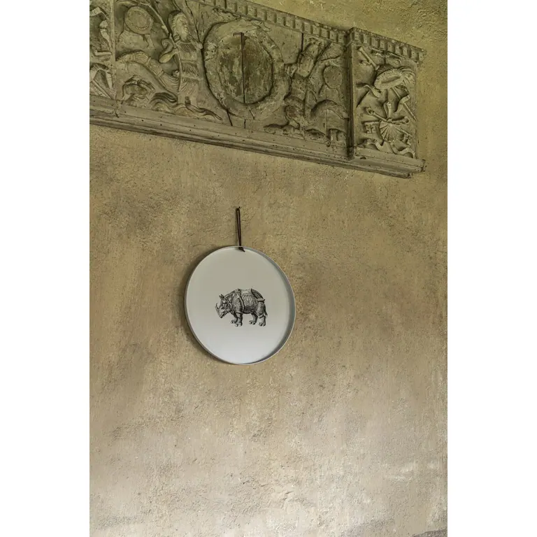 Vassoio Collezione (01) con rinoceronte appeso a una parete materica